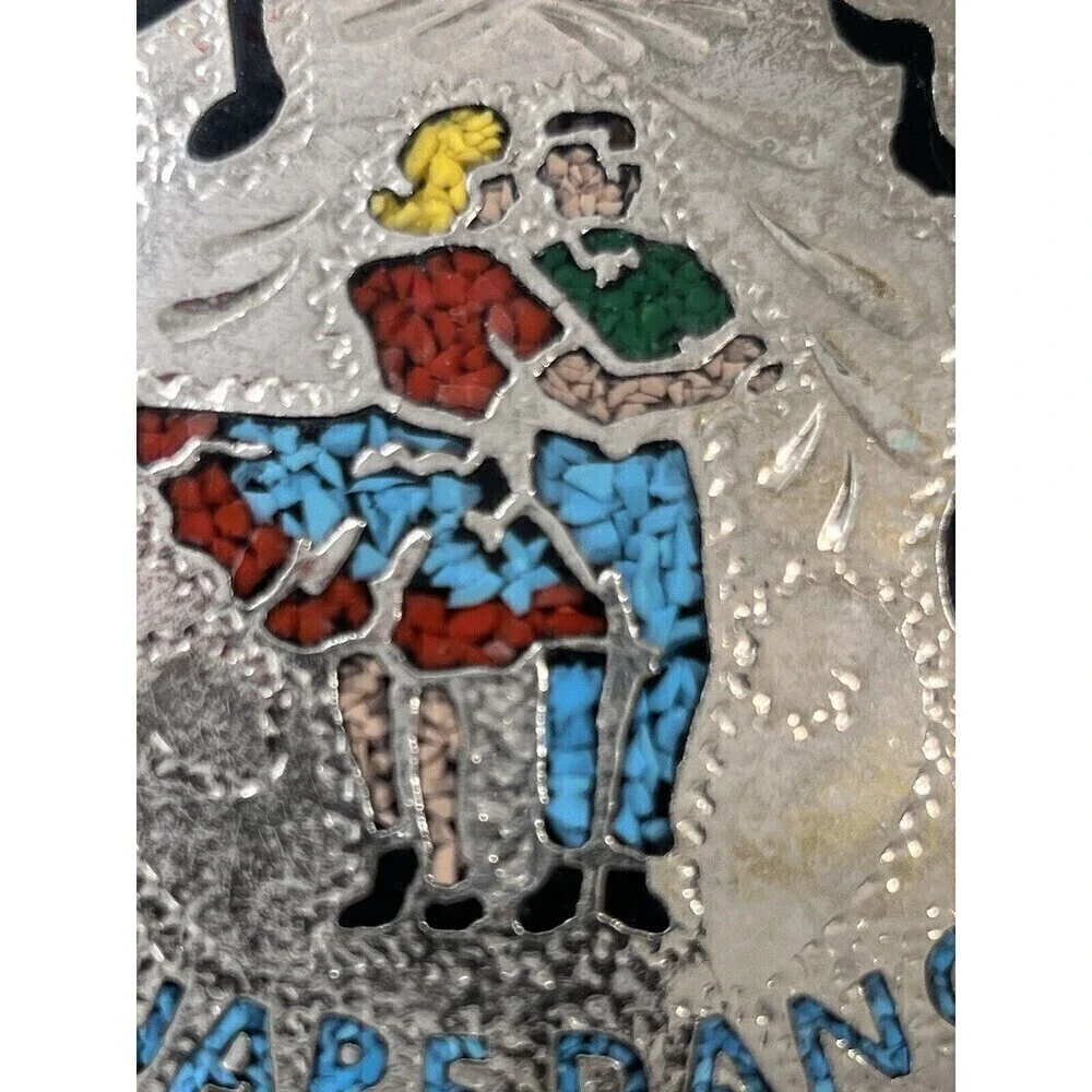 Vtg Square Dance Music Notes Rare inlaid Turquoise Enamel Couple SSI Belt Buckle